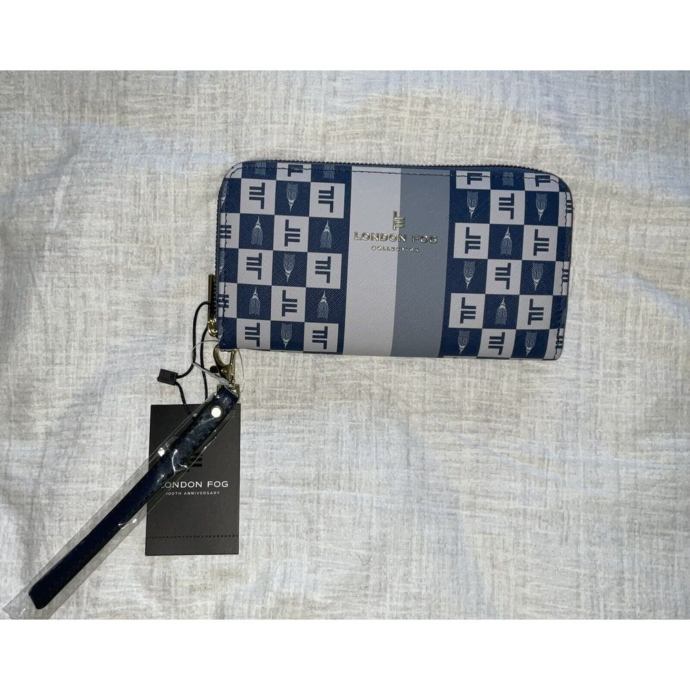 London Fog Adalia Signature‎ Zip Around Wallet Navy Wristlet NWT